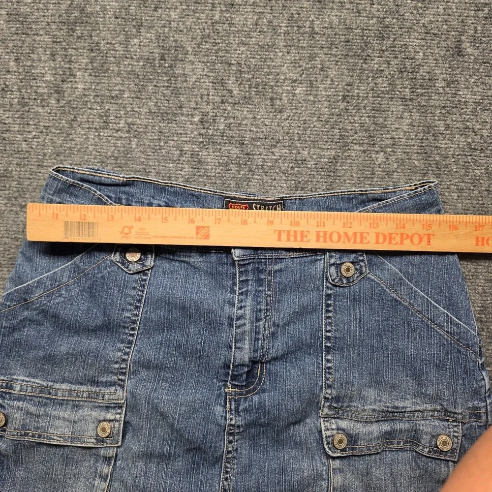 Vintage Route 66 Y2K Denim Mini Skirt Size 12 Stretch Cargo Pockets Blue Medium